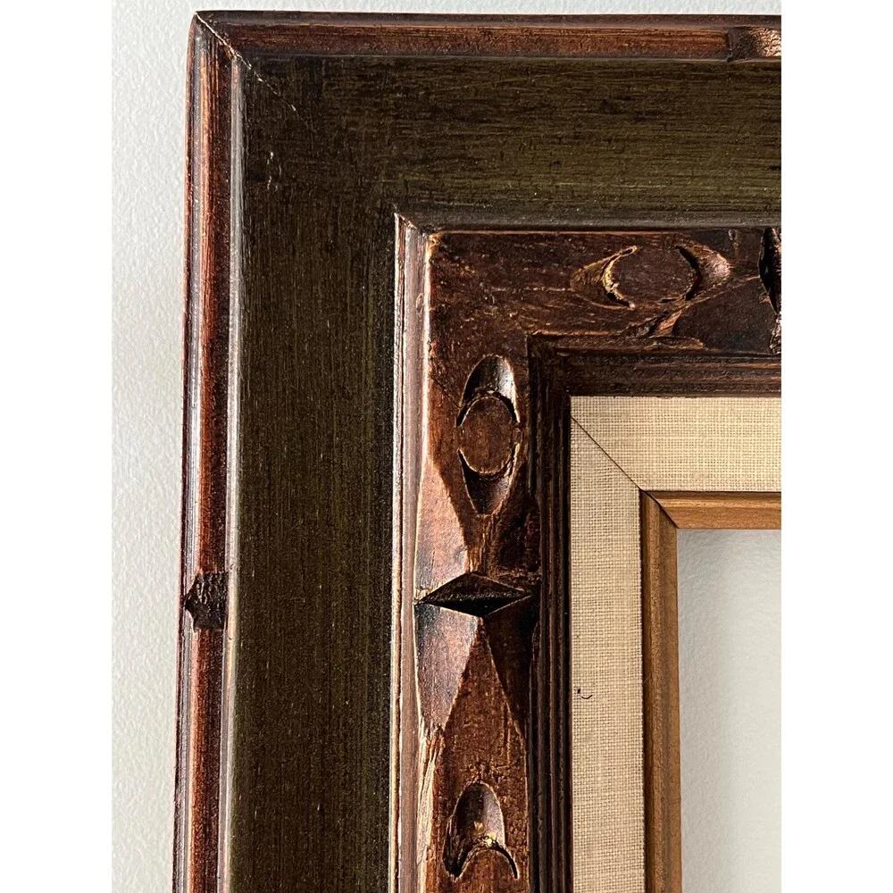 Vintage 12” x 16” Hand-carved Wood Frame w/Hunter Green, Gold, and Linen Detail